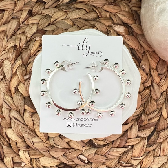 New Silver Tone Ball Stud Hoop Earrings | Boutique | Statement Hoops - Picture 3 of 4